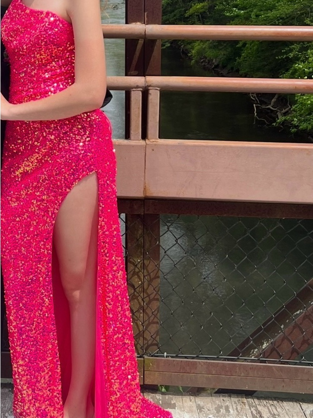 Strapless Hot Pink Sequin Evening Gown with High Slit